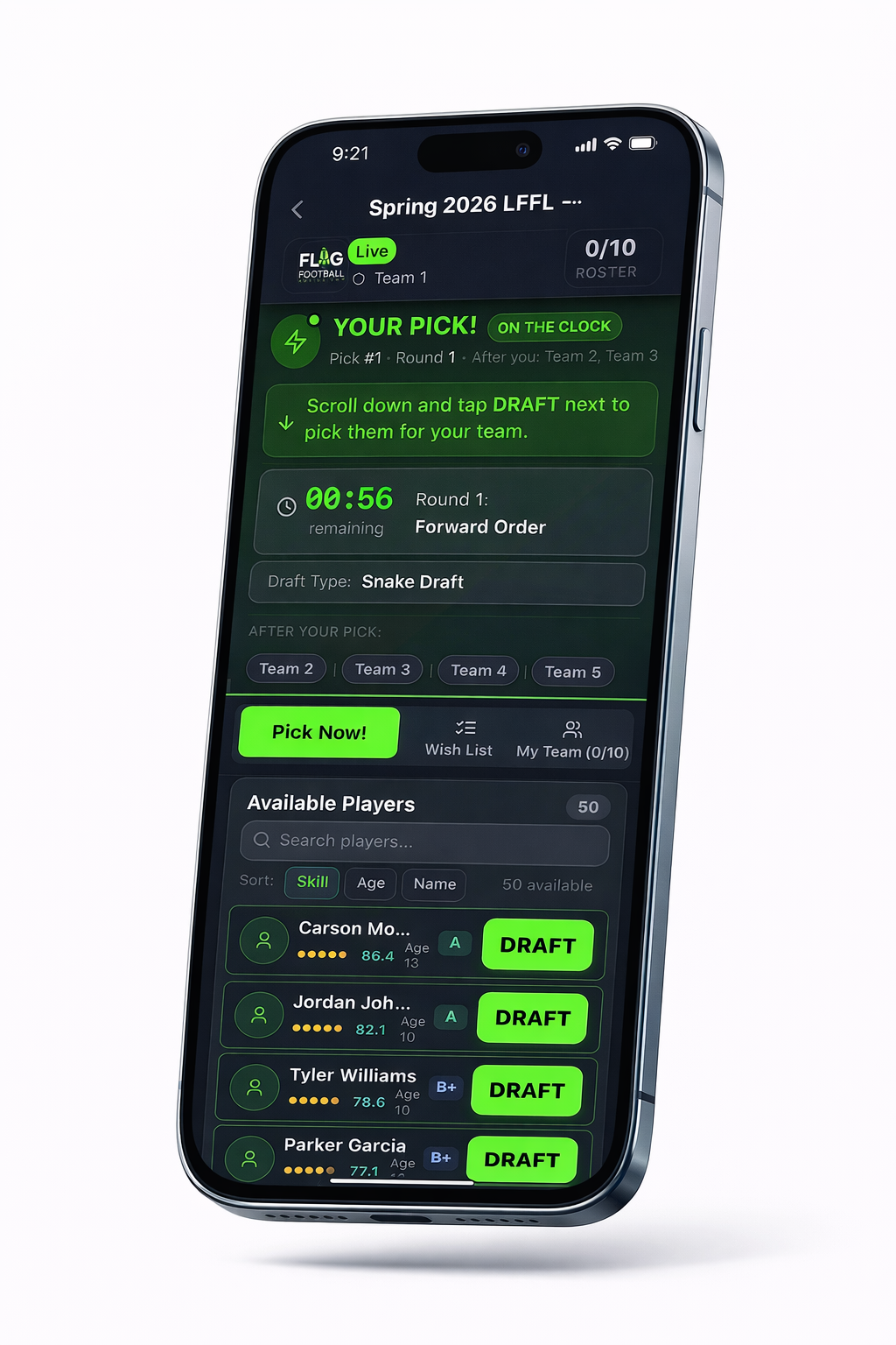 Draft tool mobile view — coach picking players in real time
