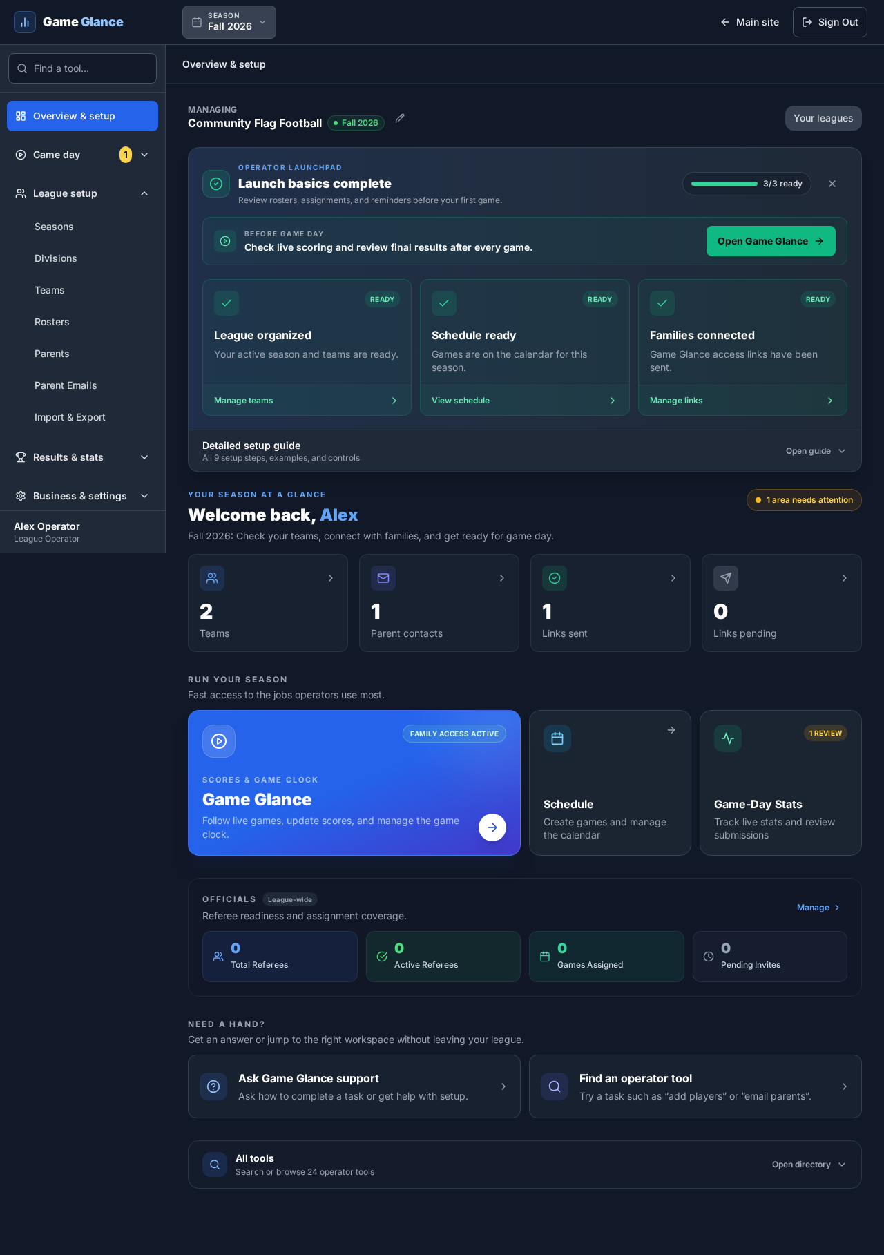 Game Glance — operator workspace