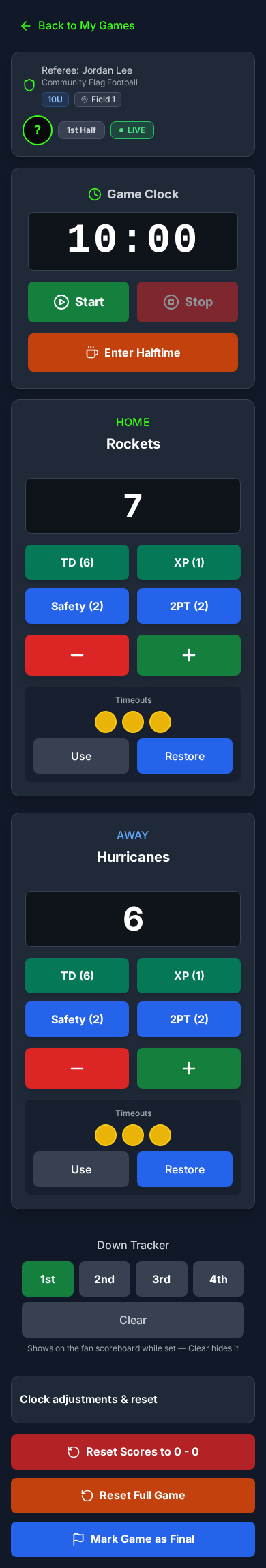 Game Glance — referee controls